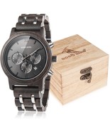 Mens Wooden Watch Luxury Wood Metal Strap Chronograph And Date (Metal Bl... - $127.21