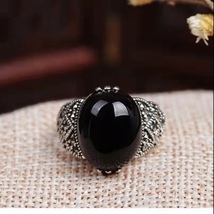 925 Silver Plated Adjustable Black Agate Ring for Women - £9.61 GBP