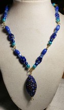 Handcrafted jewelry set blue Millefiori pendant Bracelet Adjustable 6-8 - £28.07 GBP