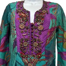 boho beaded long sleeve v-neck 100% Silk lined dress Handmade Bali Tropical - £18.59 GBP