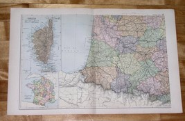 1908 Antique Map Of Southern France / Bearn Pyrenees Aquitaine / Corsica - $24.26