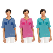NWT Karen Scott Striped Elbow-Sleeve Henley Shirt Casual Cotton Top 3 Co... - $24.99