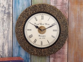 Wooden Frame Brass Carving Fitted Wall Clock Handcrafted Clock for livin... - $156.55