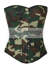 Overbust Bustier Sexy Full Steel Boned Top Army Military Green Camouflage Corset - £44.45 GBP