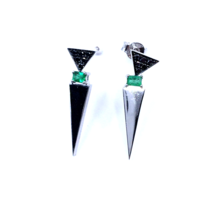 Women&#39;s Earrings 18k White Gold Natural  Columbian Emeralds Black Diamonds - £702.15 GBP