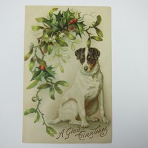 Christmas Postcard Dog Sits Jack Russell Terrier Holly Berries Embossed Antique - £7.81 GBP