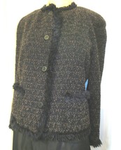Dana Buchman Black Brown Wool Boucle Tweed Fringe Trim Blazer Jacket 14 - £58.97 GBP