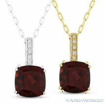 1.82ct Cushion Cut Garnet &amp; Diamond Pendant Necklace in 14k Yellow or White Gold - £345.98 GBP