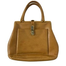 Vintage Lady F Handbag Satchel Purse Hinged Camel Colored Leather - $32.39