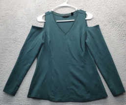 H by Halston Blouse Top Women Small Green Long Cold Shoulder Sleeve Plung V Neck - $20.32