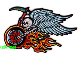BIKER PATCH SKULL FLAMING MOTORCYCLE WHEEL EMBROIDERED IRON ON PATCH ves... - £4.77 GBP