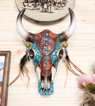 Southwest Tooled Leather Cow Skull With Turquoise Gems And Feathers Wall Decor - £37.79 GBP