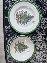 Spode Christmas Tree Coupe Cereal Bowl &amp; Salad Plate Green Trim England - $24.26