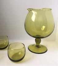 Mid Century Modern Green Glass Cocktail Pitcher With 3 Roly Poly Glasses - £63.53 GBP