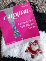 Carnival Ladies Super Soft Slipper Socks White/Black Strip w/ Santa Design - £2.35 GBP