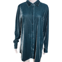 Soft Surroundings Women Teal Velvet Boyfriend Tunic Button Down Shirt M ... - $19.95