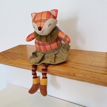 Fox Shelf Sitter, Plaid Fabric, girl fox with tweed skirt and ruffle, fall decor image 1