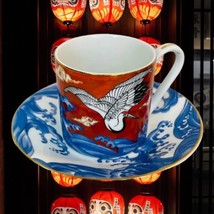 2 Takahashi Crane Over Ocean Vintage Tea Demitasse Cups Saucers Red Blue Gold - £32.24 GBP