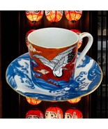 2 Takahashi Crane Over Ocean Vintage Tea Demitasse Cups Saucers Red Blue... - $40.08