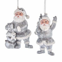 Kurt Adler Set Of 2 Silver &amp; White Santa Glittered Christmas Ornaments E0385 - £19.56 GBP