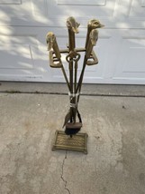 Vintage Duck Head Brass Fireplace Set 4 Tools with brass Base - $173.35