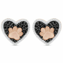 0.1 Ct Black Diamond Paw Print Heart Stud Earrings 14K Rose Gold Plated Sterling - £60.91 GBP