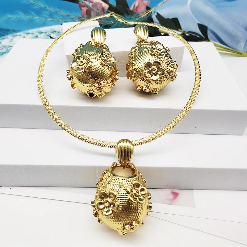 Drop Earrings and Pendant Set Women Flower Pattern 24K Gold Plated Fashion Jewel - £43.08 GBP