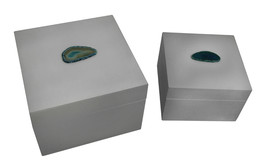 Scratch &amp; Dent Pair of Glossy White Decorative Boxes With Blue Agate Accents - £27.05 GBP