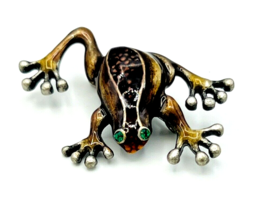 Pewter Brown Enamel Frog Brooch Pin Green Rhinestone Eyes - £12.66 GBP