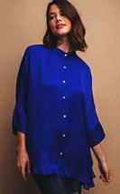 New Gigio by Umgee Small Sapphire Blue Washed Satin Button Down Oversized Tunic - £23.56 GBP