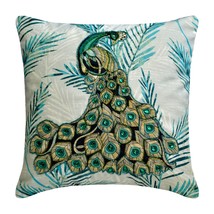 Teal Cotton Peacock 16&quot;x16&quot; Throw Pillow Cover - Art Nouveau Peacock - £32.02 GBP+