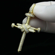 1.20Ct Round Cut CZ Nail Cross Pendant Free Chain 14k Yellow Gold Plated-Silver - £112.08 GBP