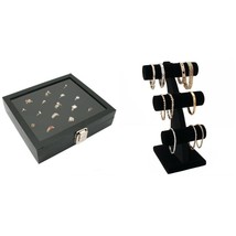 Glass Top Jewelry Case W/ Ring Foam Tray Insert &amp; Velvet 3-Tier T-Bar Kit 3 Pcs - £42.79 GBP