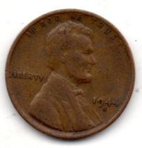 1944 S Lincoln Wheat Cent - Circulated - Moderate Wear  - £7.10 GBP