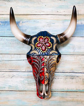 Western Texas Flag Colors Floral Tribal Tattoo Bison Cow Skull Wall Decor Plaque - £32.12 GBP