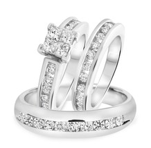 14K Solid White Gold FN His &amp; Her Engagement Bridal Wedding Band Trio Ring Set - £127.03 GBP