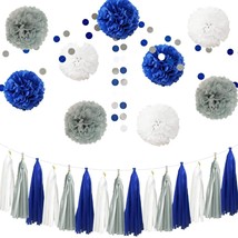26Pcs Tissue Paper Flower Pom Poms Party Decorations Kit Navy Blue Grey White Ta - £22.51 GBP