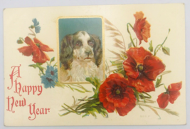 Antique 1910&#39;s Embossed A Happy New Year Dog w/ Flowers Postcard Unposted - £7.47 GBP