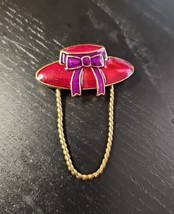 Red Hat Eyeglass Holder Pin Brooch Enameled Gold Tone Red Bow  - $15.83