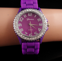 large Purple Rhinestone watch - Colorful jelly band - mens womens bracelet watch - £36.19 GBP