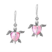Love Life Sea Turtle Heart Pink Mother of Pearl Sterling Silver Dangle Earrings - £16.84 GBP