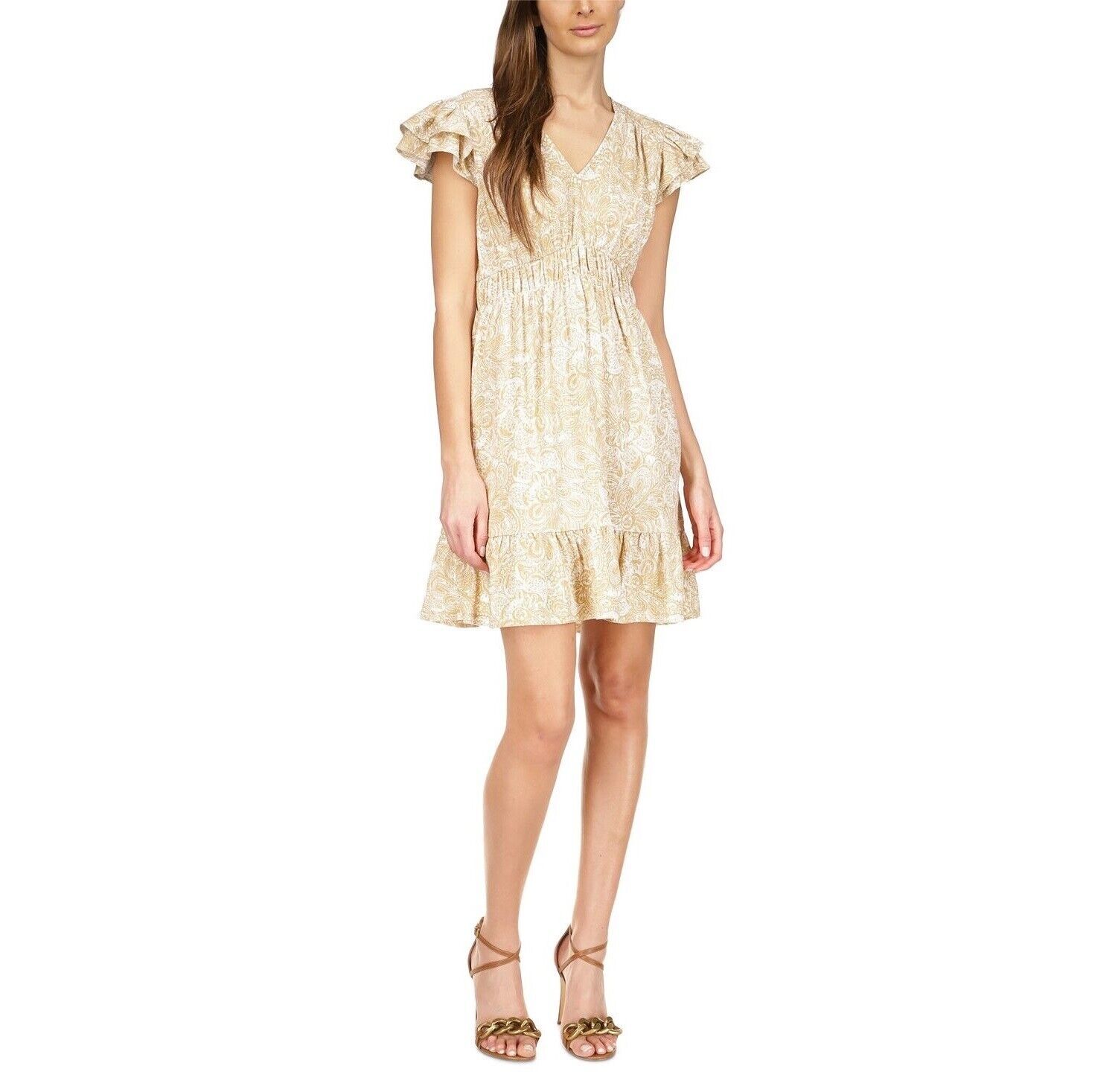 MICHAEL KORS Women&#39;s Flutter Sleeve V-Neck Short Fit Flare Dress. Khaki ... - $18.95+
