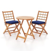 3 Pieces Acacia Wood Patio Bistro Set with Cushions-Navy - Color: Navy - £141.87 GBP