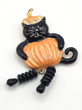 Black Kitty Cat in Pumpkin Spooky Haunted Halloween Pin Brooch Articulat... - $22.95