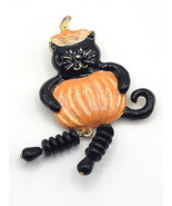 Black Kitty Cat in Pumpkin Spooky Haunted Halloween Pin Brooch Articulat... - £18.34 GBP
