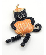 Black Kitty Cat in Pumpkin Spooky Haunted Halloween Pin Brooch Articulat... - $32.18 CAD