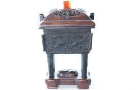 Antique Chinese Bronze censer with wood lid agate finial - £1,186.11 GBP