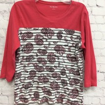 Kim Rogers Womens Blouse Red White Paisley Striped 3/4 Sleeve Scoop Cotton L - £7.15 GBP
