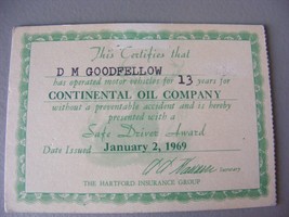 Vintage  1969 Continental Oil Company Conoco Safe Driver Certificate - $961.78 MXN