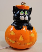 Original Vintage Ceramic Lighted Halloween Jack-O-Lantern Lighted Black Cat - £28.97 GBP